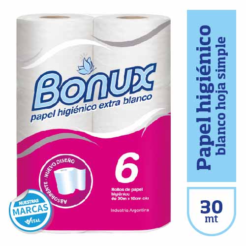 Papel hig. BONUX bco hoja simple 30mtx6u