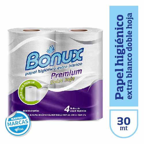 Papel hig. BONUX bco doble hoja 30mx4u